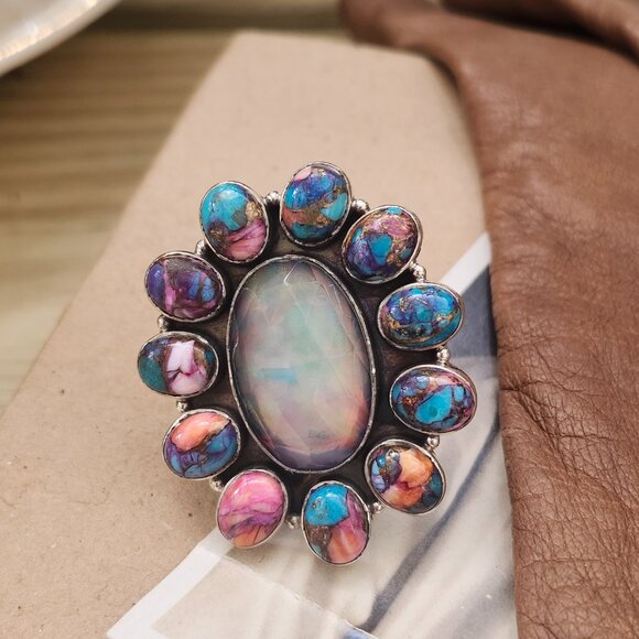 Audra Ring / Sterling Silver GORGEOUS Spiny Oyster Turquoise Opal Daisy Ring - Picture 3 of 13